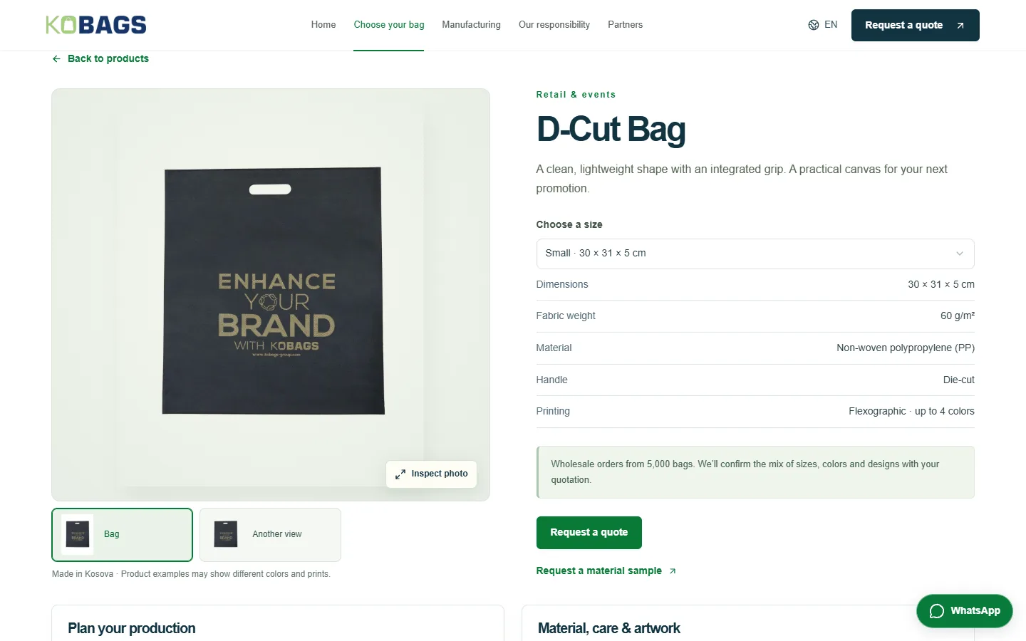 KoBags Group — faqja e produktit me madhësitë dhe specifikimet