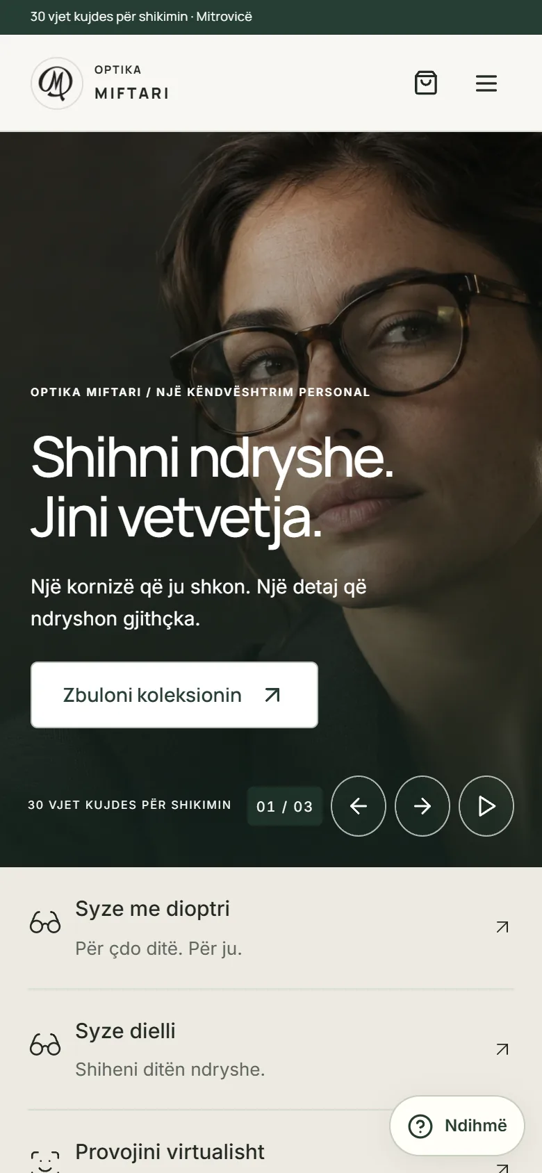 Optika Miftari — the home page on a phone