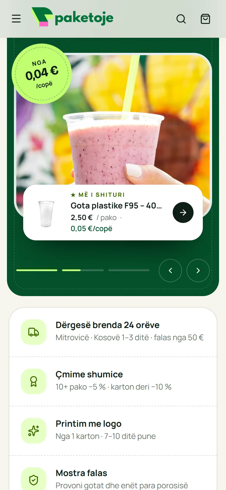 Paketoje — the home page on a phone