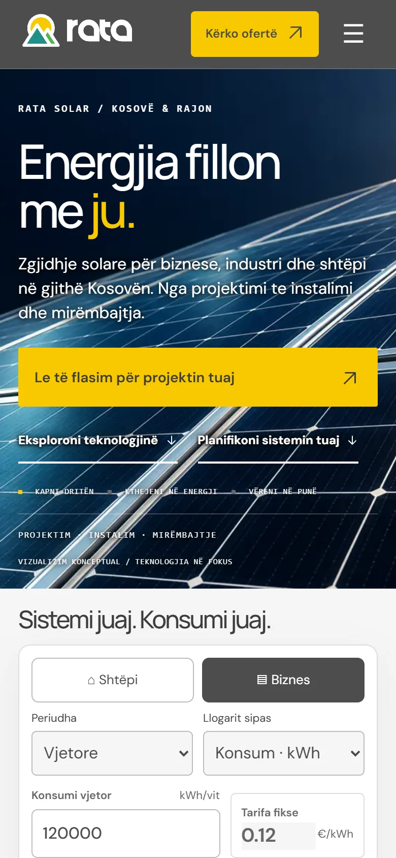 RATA Solar — Startseite auf dem Smartphone