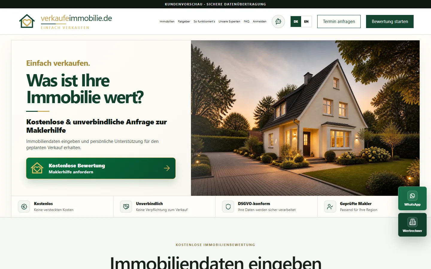 verkaufeimmobilie.de — home page with the property valuation