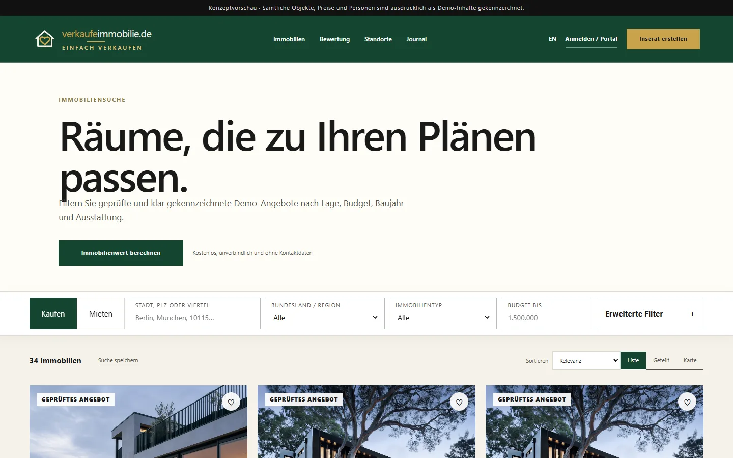 verkaufeimmobilie.de — property listings in the preview